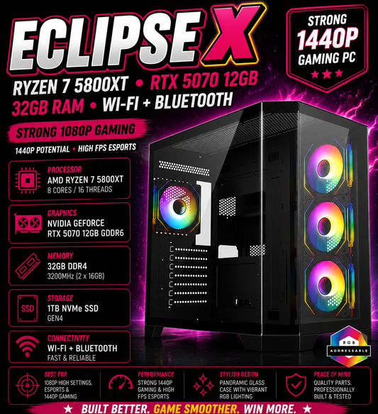 ECLIPSE X – Ryzen 7 5800XT • RTX 5070 12GB • 32GB RAM • Wi-Fi + Bluetooth | 1440p Gaming | DDR4 | Streaming Ready