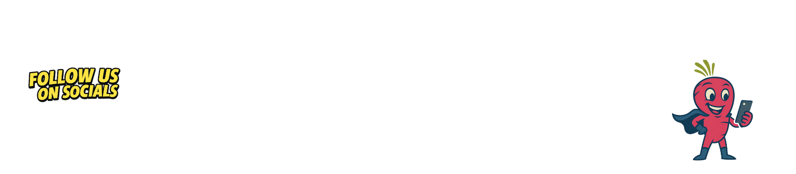 Cartoon character holding a phone with 'Follow Us on Socials' text, on a white background