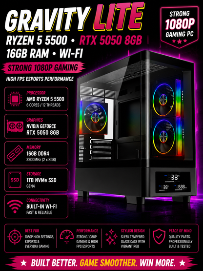 GRAVITY LITE – Ryzen 5 5500 • RTX 5050 8GB • 16GB RAM • Wi-Fi | DDR4
