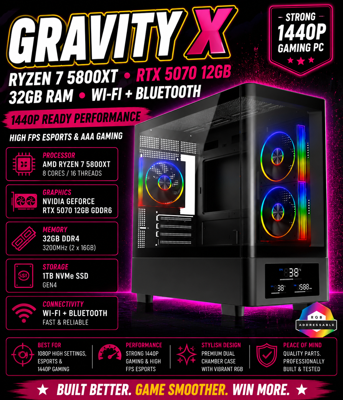 GRAVITY X – Ryzen 7 5800XT • RTX 5070 12GB • 32GB RAM • Wi-Fi + Bluetooth | 1440p Gaming | DDR4 | Streaming Ready