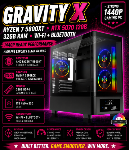 GRAVITY X – Ryzen 7 5800XT • RTX 5070 12GB • 32GB RAM • Wi-Fi + Bluetooth | 1440p Gaming | DDR4 | Streaming Ready