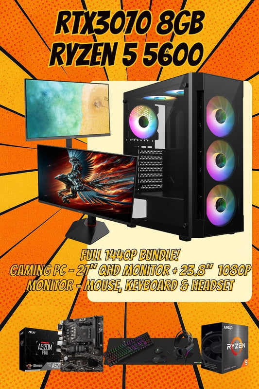 Hawkins Streamer Bundle Gaming PC Dual Screen Setup Ryzen 5 5600 RTX 3070 32GB RAM 1440p 200Hz Monitor | DDR4