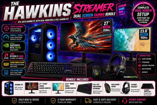 Hawkins Streamer Bundle Gaming PC Dual Screen Setup Ryzen 5 5600 RTX 3070 32GB RAM 1440p 200Hz Monitor | DDR4