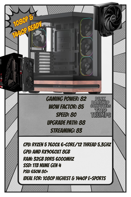 Clean Black Performance PC | Ryzen 5 7600X | RX 9060 XT 8GB | 32GB DDR5 RAM | 1TB NVMe SSD | Windows 11