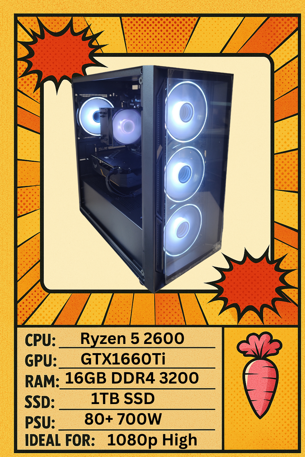 Lucid RGB Gaming PC – Ryzen 5 Pro 2400G | GTX 1660 Ti | 16GB | 1TB SSD | Win 11