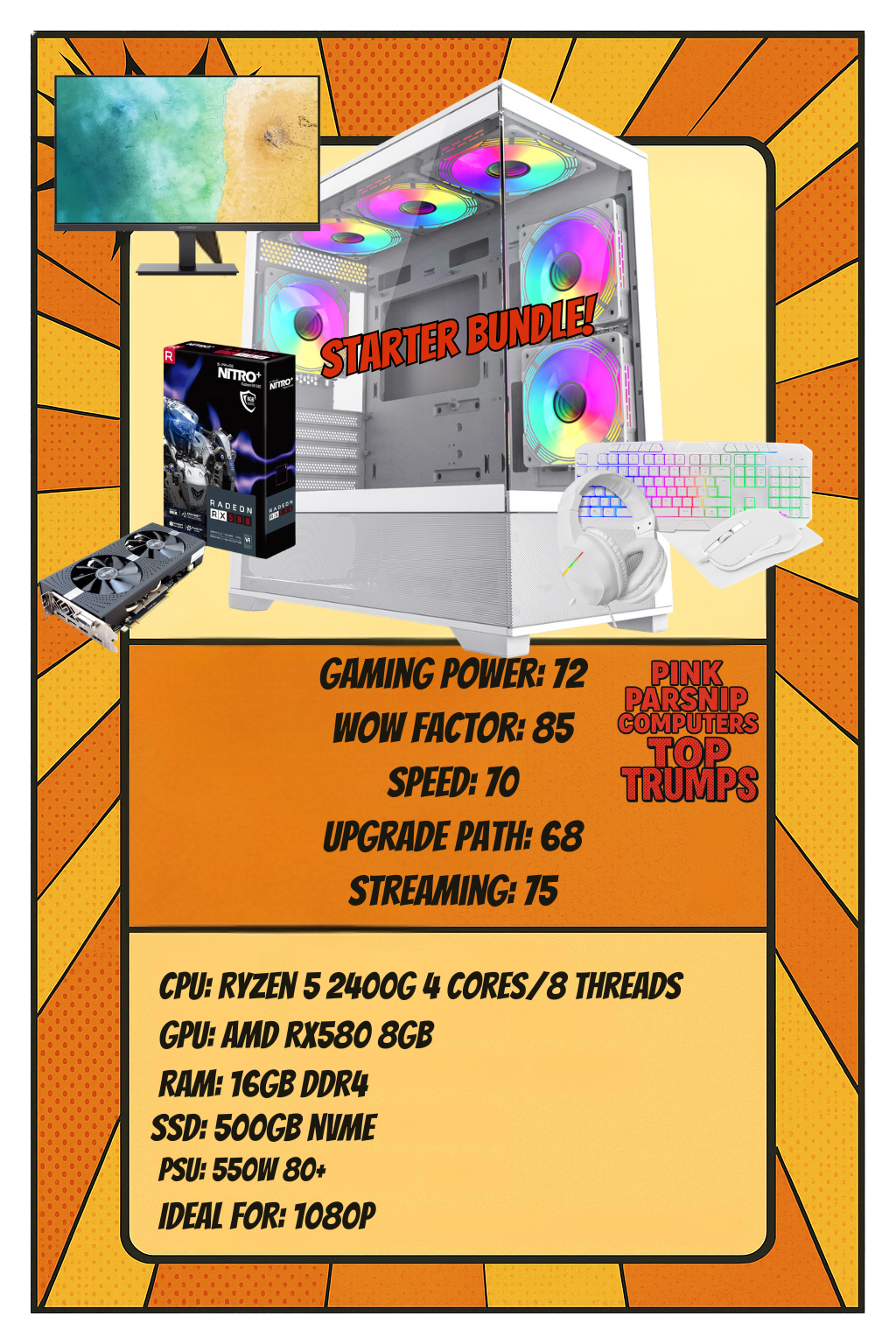 The Mason Bargain Starter Bundle – Ryzen 5 • RX 580 8GB • 16GB RAM • 500GB SSD• 100Hz Monitor • Full White Gaming Setup