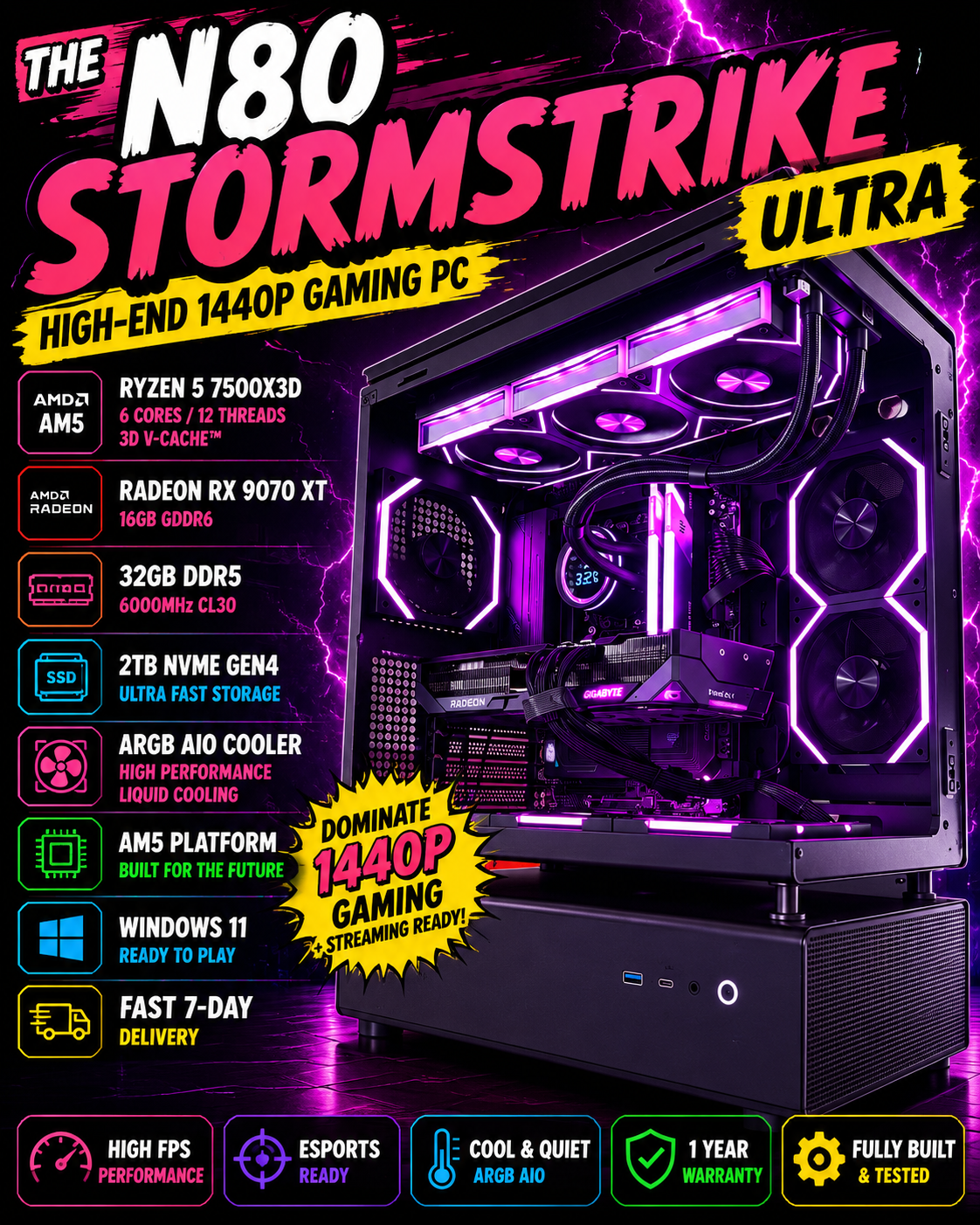 The N80 Stormstrike Ultra — RX 9070 XT • Ryzen 5 7500X3D • 32GB DDR5 • 2TB NVMe • ARGB AIO | 1440p Gaming | Streaming Ready