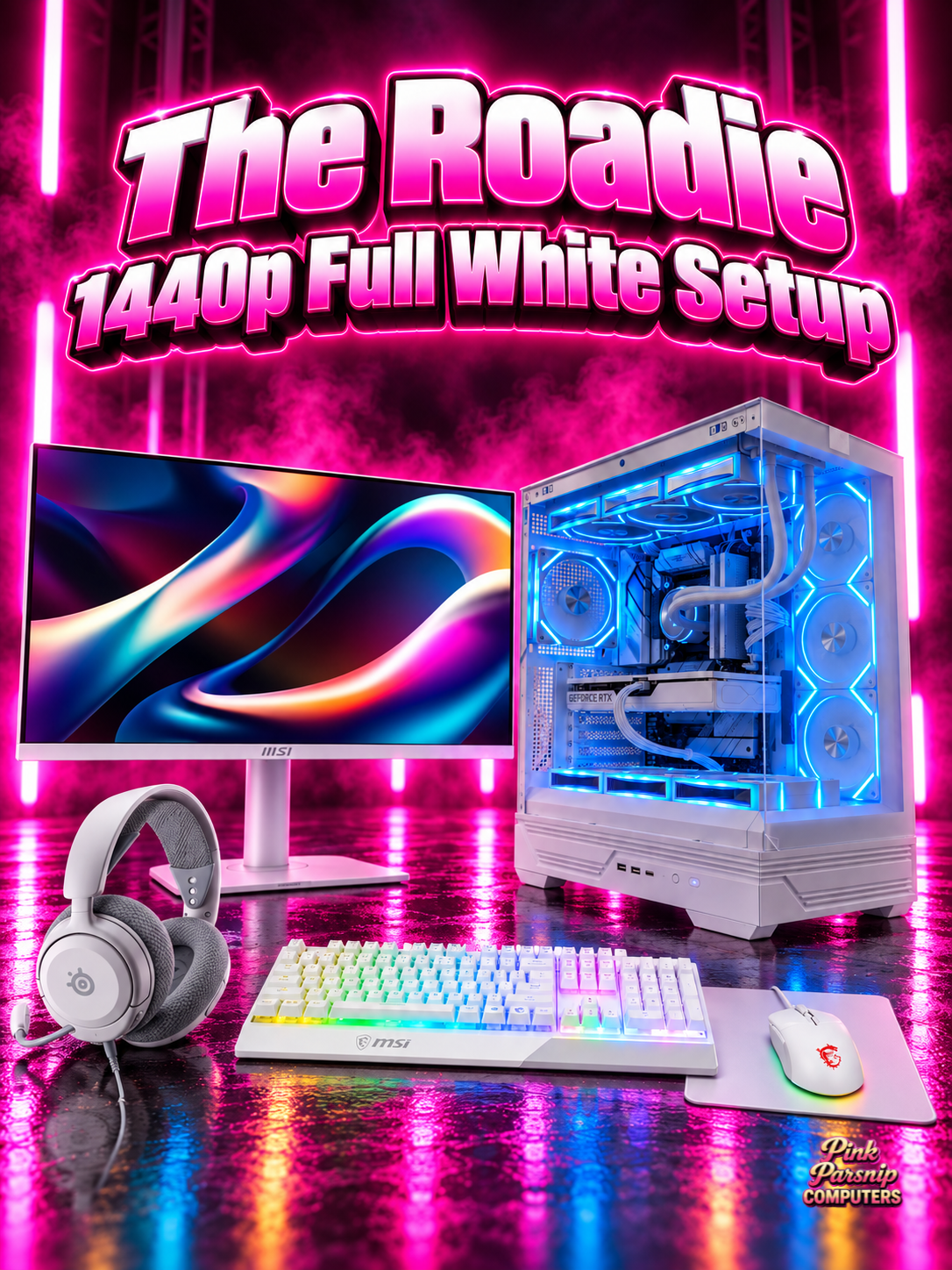 The Roadie, Flagship Setup | Gaming PC + 27" 1440p 144Hz Monitor + White Keyboard, Mouse & Headset