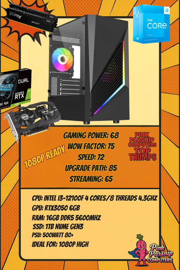 Pink Parsnip Genesis DDR5 Gaming PC – i3-12100F | RTX 3050 | 16GB DDR5 | 1TB NVMe | LGA1700 Power!