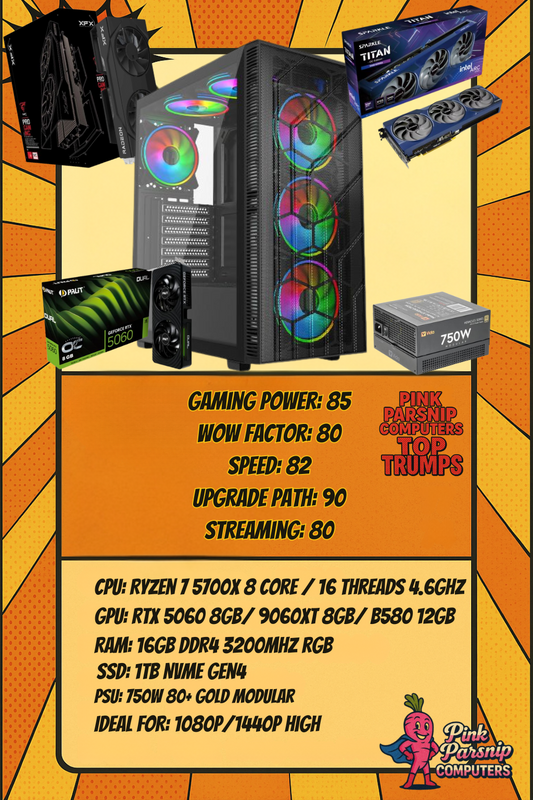 Black 1440p Gaming PC & Pick Your GPU Ryzen 7 5700X (RTX 5060 / RX 9060 XT / Intel Arc B580)
