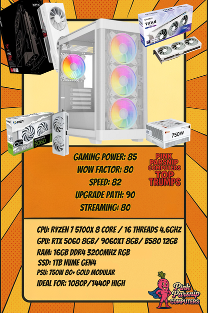 White 1440p Gaming PC & Pick Your GPU Ryzen 7 5700X (RTX 5060 / RX 9060 XT / Intel Arc B580)