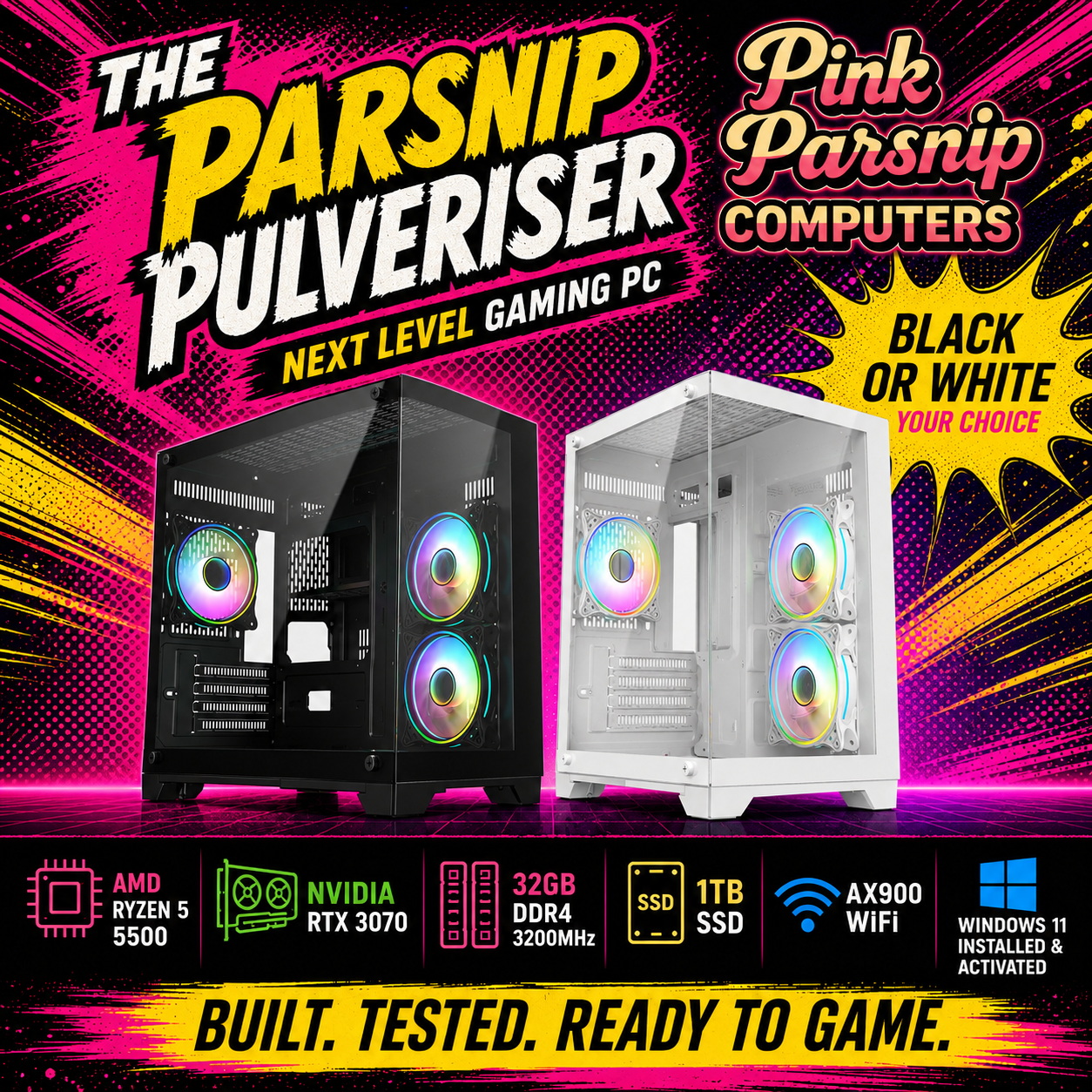 The Parsnip Pulveriser Gaming PC | Ryzen 5 5500 | RTX 3070 8GB | 32GB RAM | 1TB SSD | 360mm AIO | Black or White Gaming PC