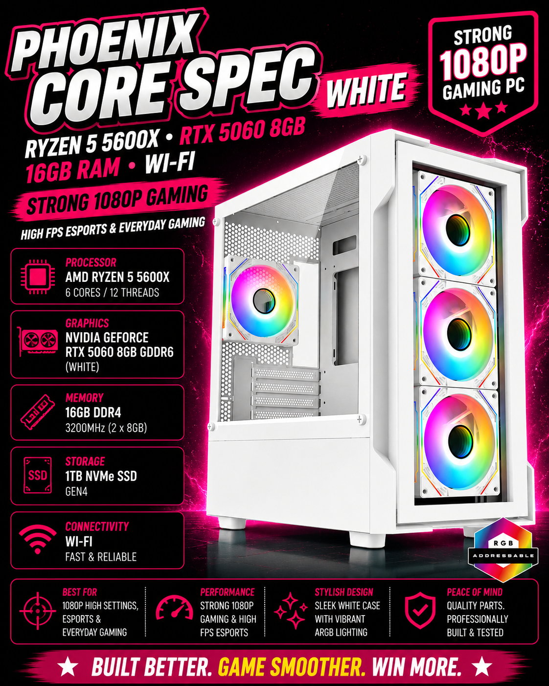 PHOENIX CORE SPEC WHITE – Ryzen 5 5600X • RTX 5060 8GB • 16GB RAM • Wi-Fi | Fortnite & GTA | White Build | DDR4