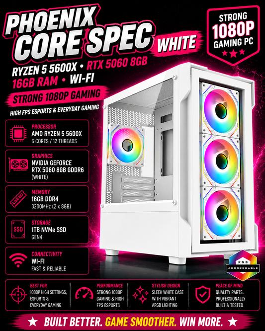 PHOENIX CORE SPEC WHITE – Ryzen 5 5600X • RTX 5060 8GB • 16GB RAM • Wi-Fi | Fortnite & GTA | White Build | DDR4