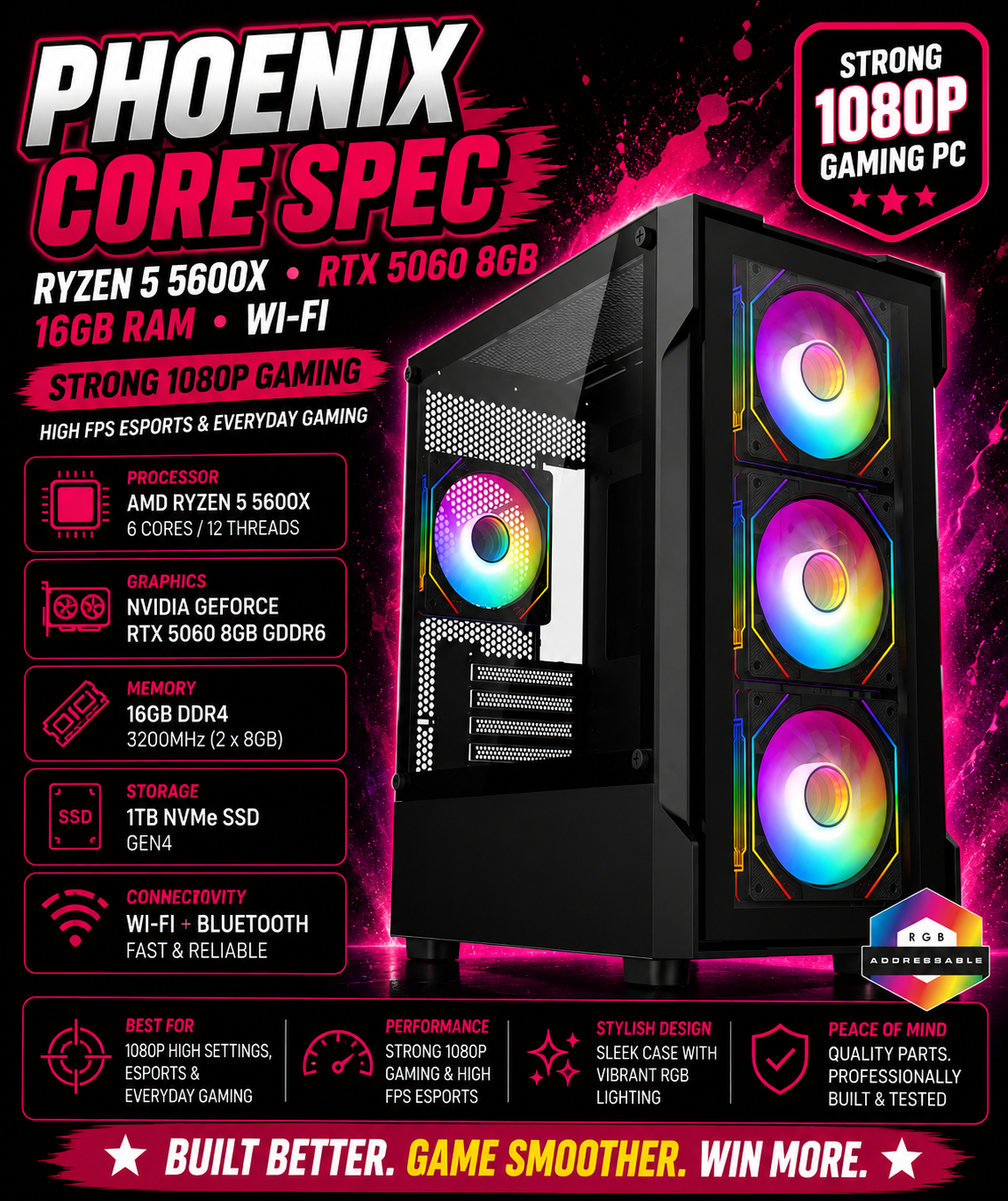 Phoenix CORE SPEC – Ryzen 5 5600X • RTX 5060 8GB • 16GB RAM • Wi-Fi | Fortnite & GTA | DDR4