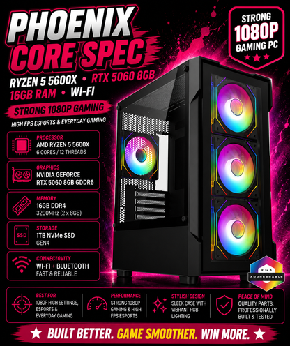 Phoenix CORE SPEC – Ryzen 5 5600X • RTX 5060 8GB • 16GB RAM • Wi-Fi | Fortnite & GTA | DDR4