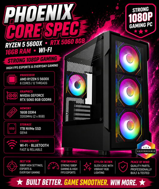 Phoenix CORE SPEC – Ryzen 5 5600X • RTX 5060 8GB • 16GB RAM • Wi-Fi | Fortnite & GTA | DDR4