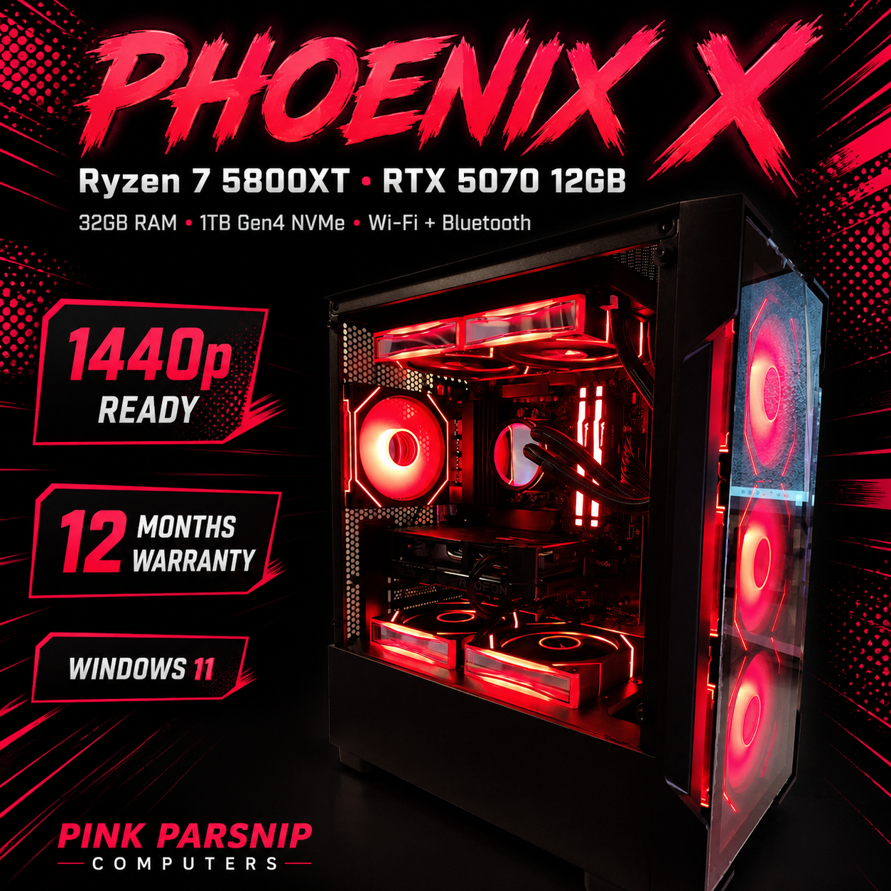 PHOENIX X – Ryzen 7 5800XT • RTX 5070 12GB • 32GB RAM • Wi-Fi + Bluetooth | 1440p Gaming | DDR4 | Streaming Ready