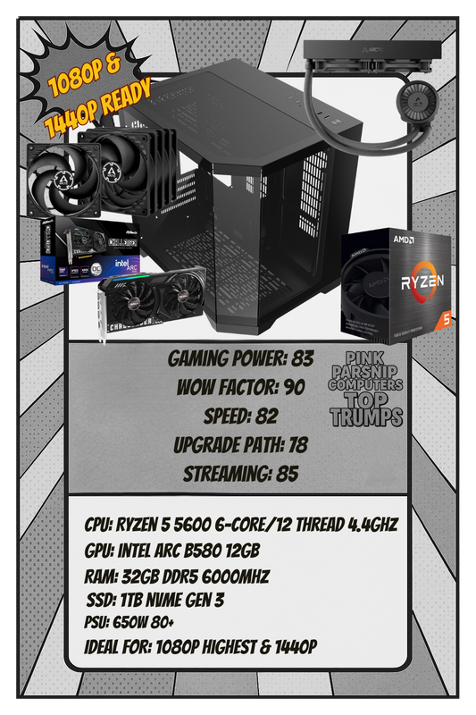 Phoenix Clean Black Gaming PC – Ryzen 5 5600 | Intel Arc B580 12GB | 16GB DDR4 | 1TB NVMe | 240mm Liquid AIO