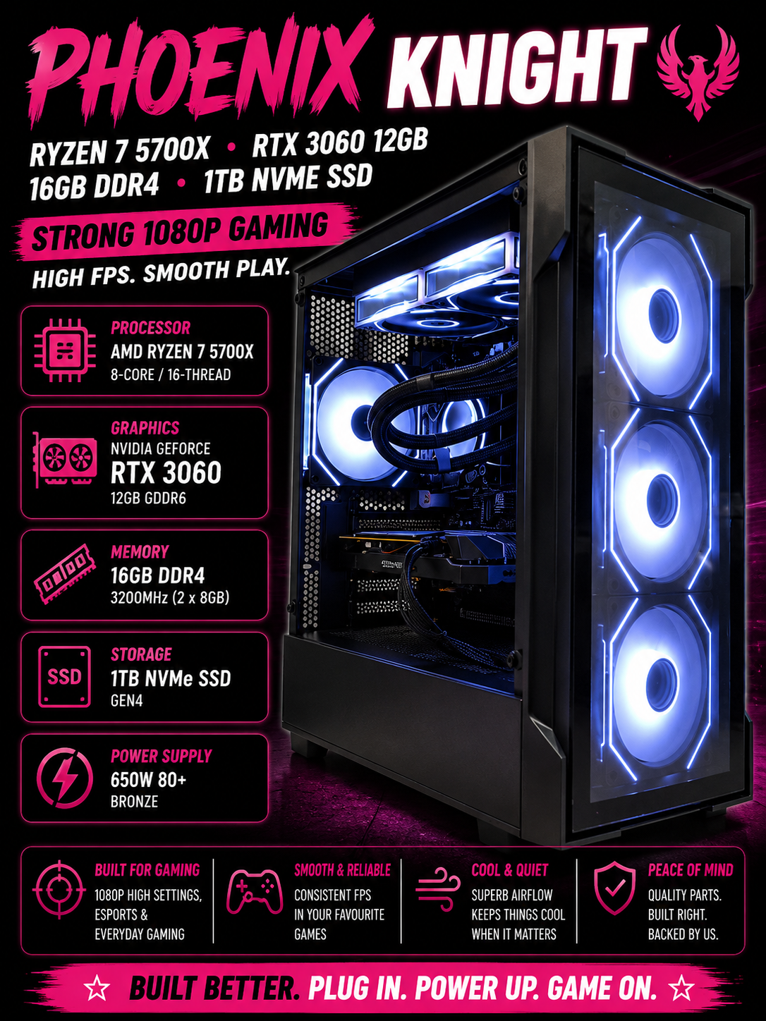 Phoenix Knight | Ryzen 7 5700X | RTX 3060 12 GB | 16 GB DDR4 | 1 TB SSD | Black ARGB Gaming PC | 1080p Gaming | Fortnite & GTA | Streaming Ready