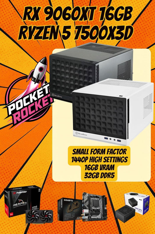 Pocket Rocket Boost | Ryzen 5 7500X3D | RX 9060 XT 16GB | 32GB DDR5 | Mini ITX Gaming PC | Fortnite & GTA | Streaming Ready