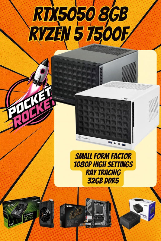 Pocket Rocket Core | Ryzen 5 7500F | RTX 5050 8GB | 32GB DDR5 | 1TB Gen4 NVMe | Mini ITX Gaming PC | Streaming Ready
