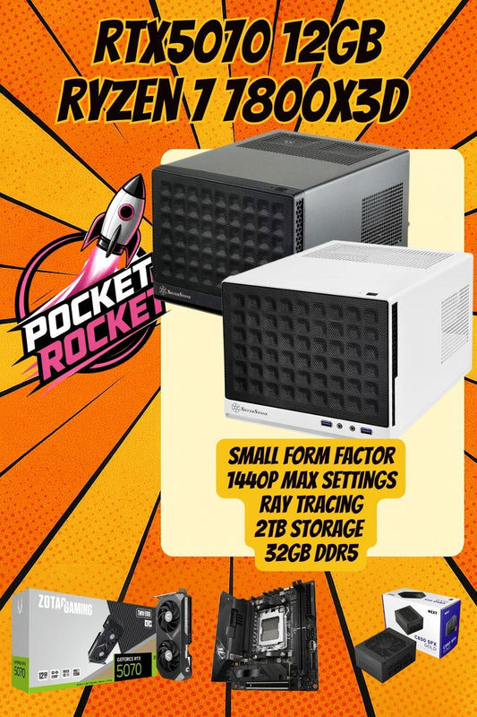 Pocket Rocket Titan | Ryzen 7 7800X3D | RTX 5070 12GB | 32GB CL30 DDR5 | 2TB Gen5 | Mini ITX Gaming PC | 1440p Gaming | Fortnite & GTA | Streaming Ready