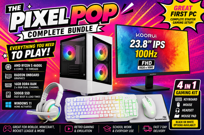 The Pixel Pop Complete Bundle | Ryzen 5 4600G | 16GB RAM | 500GB SSD | 23.8 inch 100Hz Monitor | 4 in 1 Gaming Kit | Windows 11The Pixel Pop Complete Bundle | Ryzen 5 4600G | 16GB RAM | 500GB SSD | 23.8 inch 100Hz Monitor | 4 in 1 Gaming Kit | Windows 11