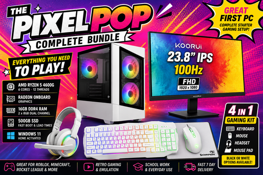 The Pixel Pop Complete Bundle | Ryzen 5 4600G | 16GB RAM | 500GB SSD | 23.8 inch 100Hz Monitor | 4 in 1 Gaming Kit | Windows 11The Pixel Pop Complete Bundle | Ryzen 5 4600G | 16GB RAM | 500GB SSD | 23.8 inch 100Hz Monitor | 4 in 1 Gaming Kit | Windows 11