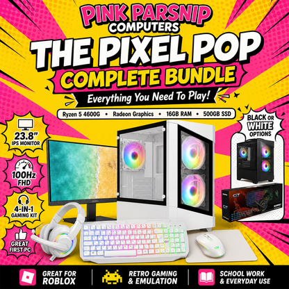 The Pixel Pop Complete Bundle | Ryzen 5 4600G | 16GB RAM | 500GB SSD | 23.8 inch 100Hz Monitor | 4 in 1 Gaming Kit | Windows 11The Pixel Pop Complete Bundle | Ryzen 5 4600G | 16GB RAM | 500GB SSD | 23.8 inch 100Hz Monitor | 4 in 1 Gaming Kit | Windows 11