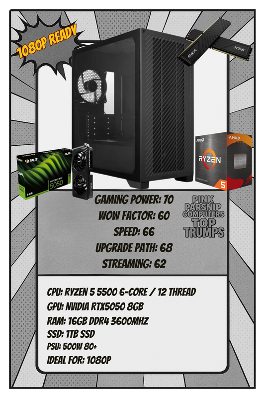 Clean Black Ray Tracing PC | Ryzen 5 5500 | RTX 5050 8GB | 16GB RAM | 1TB SSD | Windows 11