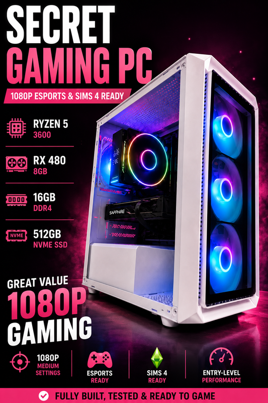 Secret Gaming PC – Ryzen 5 + RX 480 8GB + 16GB RAM + 512GB NVMe – 1080p Esports & Sims 4 Ready | DDR4