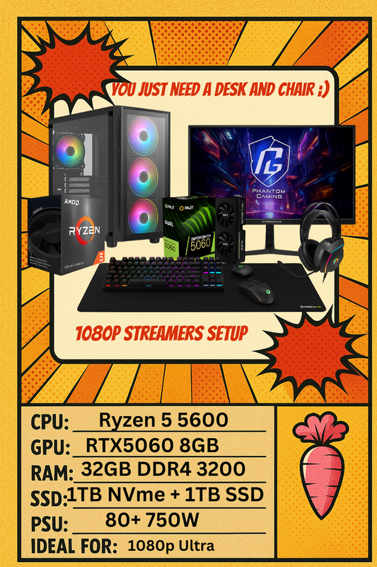 Lucid Pro+ Gaming Setup – Complete Bundle! Ryzen 5 5600, RTX 5060, 32GB RAM + 180Hz Monitor & Gaming Gear