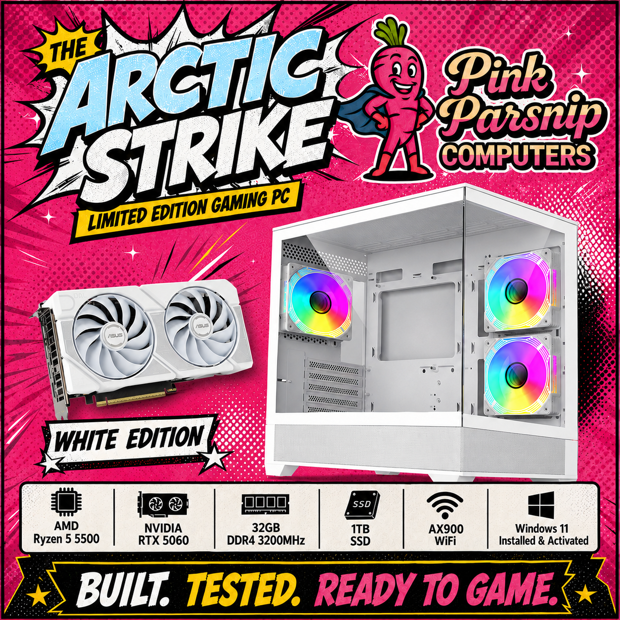 The Arctic Strike Limited Edition Gaming PC | Ryzen 5 5500 | White RTX 5060 | 32GB White RAM | 1TB SSD | White 360mm AIO