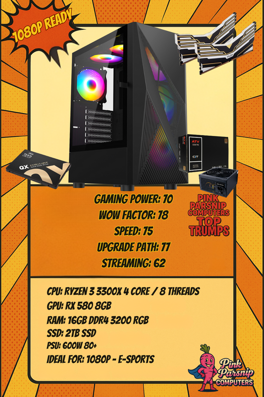 The Brandon 1080p – Ryzen 3 3300X, RX 580 8GB, 16GB RAM, 2TB SSD, Windows 11 – CiT Falcon ARGB Gaming PC