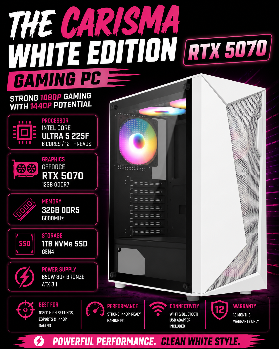 The Carisma White Edition – RTX 5070 Gaming PC | 1440p Gaming | White Build | DDR5 | Streaming Ready