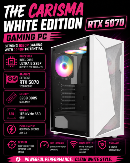 The Carisma White Edition – RTX 5070 Gaming PC | 1440p Gaming | White Build | DDR5 | Streaming Ready