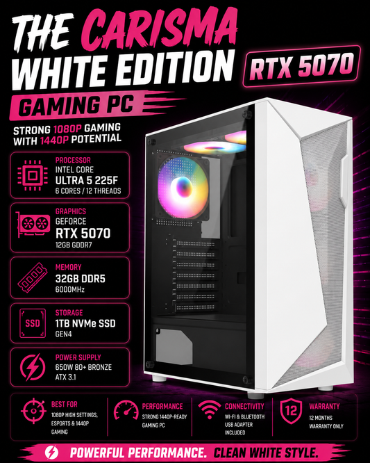 The Carisma White Edition – RTX 5070 Gaming PC | 1440p Gaming | White Build | DDR5 | Streaming Ready