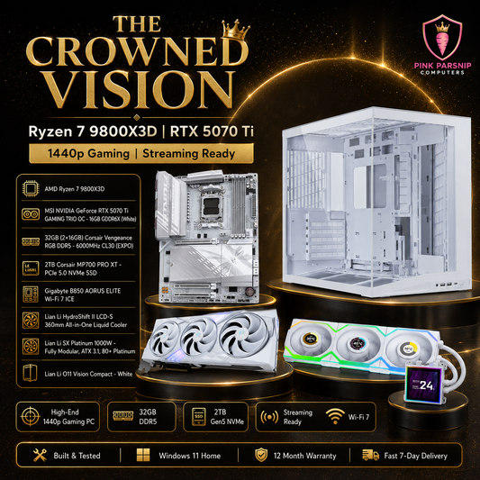 The Crowned Vision – Ryzen 7 9800X3D | RTX 5070 Ti 16GB | 32GB DDR5 | 2TB Gen5 NVMe | 1440p Gaming | Streaming Ready