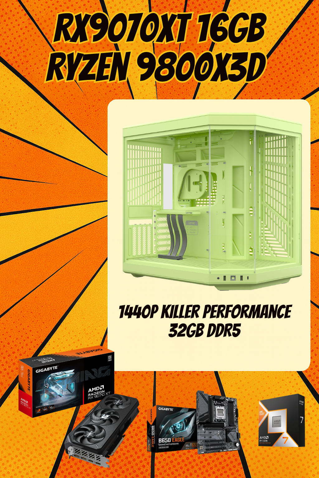 The Gamma – RX 9070 XT | Ryzen 7 9800X3D | 32GB DDR5 | 2TB Gen5 SSD | HYTE Y70 Matcha | 1440p Gaming | Streaming Ready