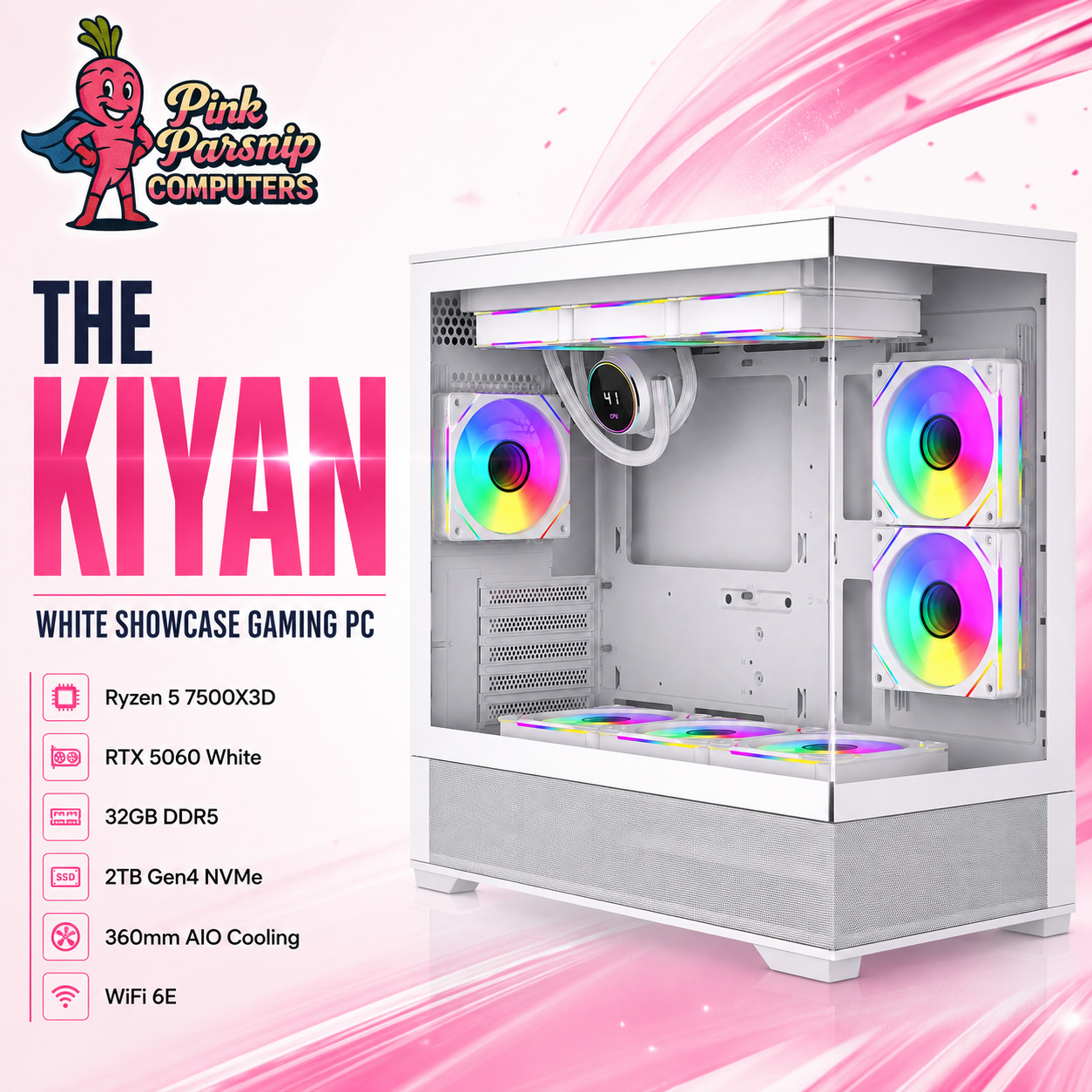 The Kiyan – RTX 5060 White Gaming PC | Ryzen 5 7500X3D | 32GB DDR5 | 2TB NVMe | 360mm AIO | WiFi 6E | Windows 11