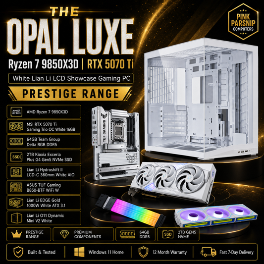The Opal Luxe | Ryzen 7 9850X3D | RTX 5070 Ti 16GB | 64GB DDR5 | 2TB Gen5 NVMe | White Lian Li LCD Showcase Gaming PC