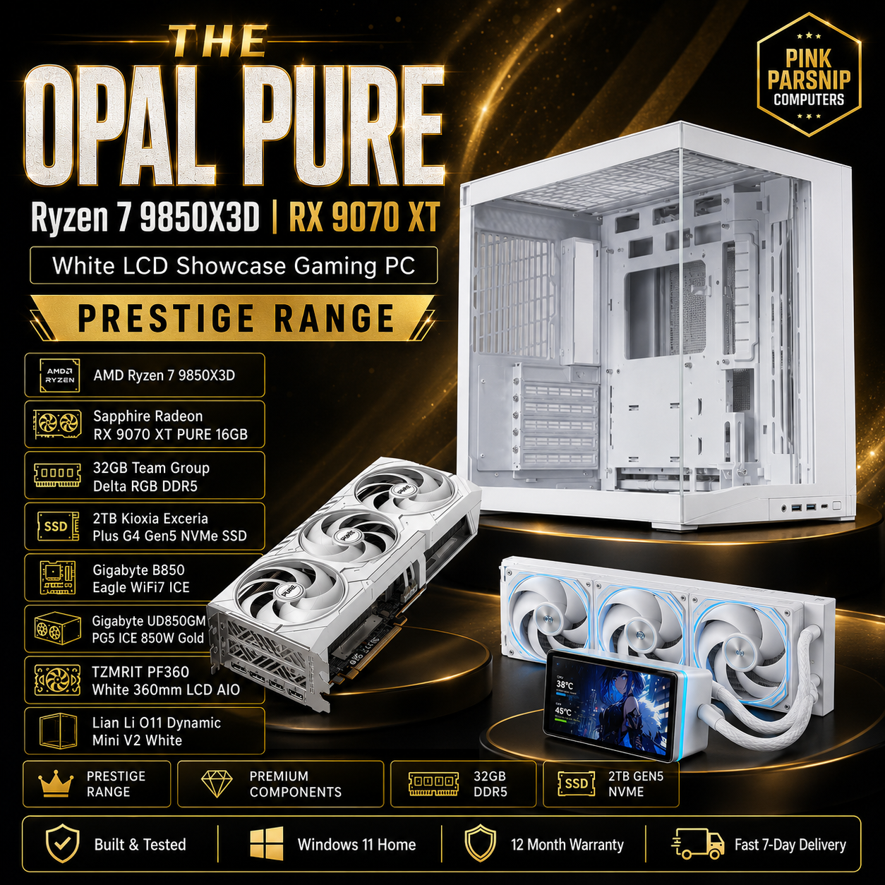 The Opal Pure | Ryzen 7 9850X3D | RX 9070 XT 16GB | 32GB DDR5 | 2TB Gen5 NVMe | White LCD Showcase Gaming PC