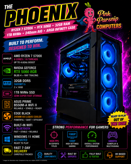THE PHOENIX — Ryzen 7 5700X | RTX 5060 | 32GB RAM | 1TB NVMe | 240mm AIO | ARGB Infinity Case | Fortnite & GTA | DDR4 | Streaming Ready