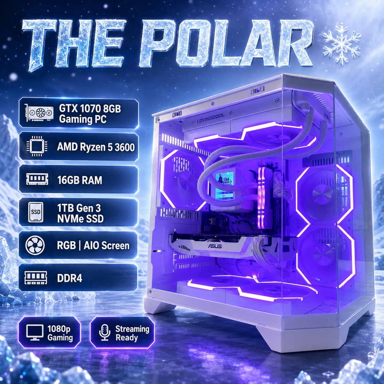 The Polar ❄️ | GTX 1070 8GB Gaming PC | Ryzen Platform | 16GB RAM | 1TB NVMe | RGB | AIO Screen | DDR4