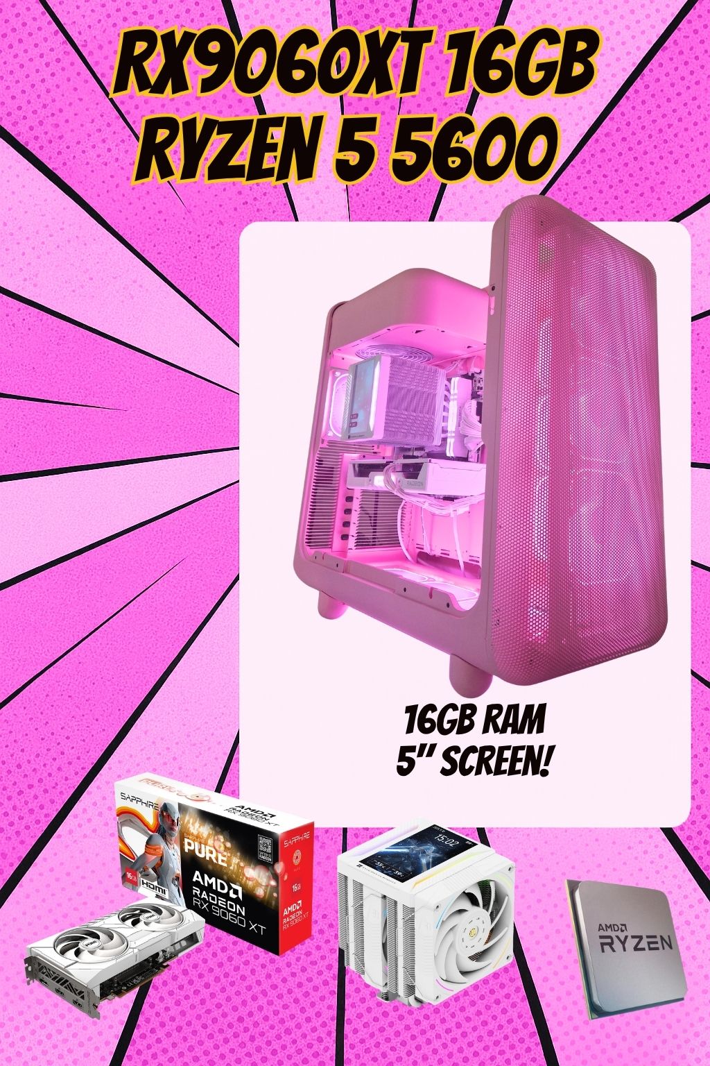 The Strawberry Milk 🍓🥛 | Ryzen 5 5600 | RX 9060 XT 16GB | 16GB RGB | 1TB NVMe | HYTE X50 Strawberry Milk | Display Cooler | 1440p Gaming PC | Fortnite & GTA | DDR4