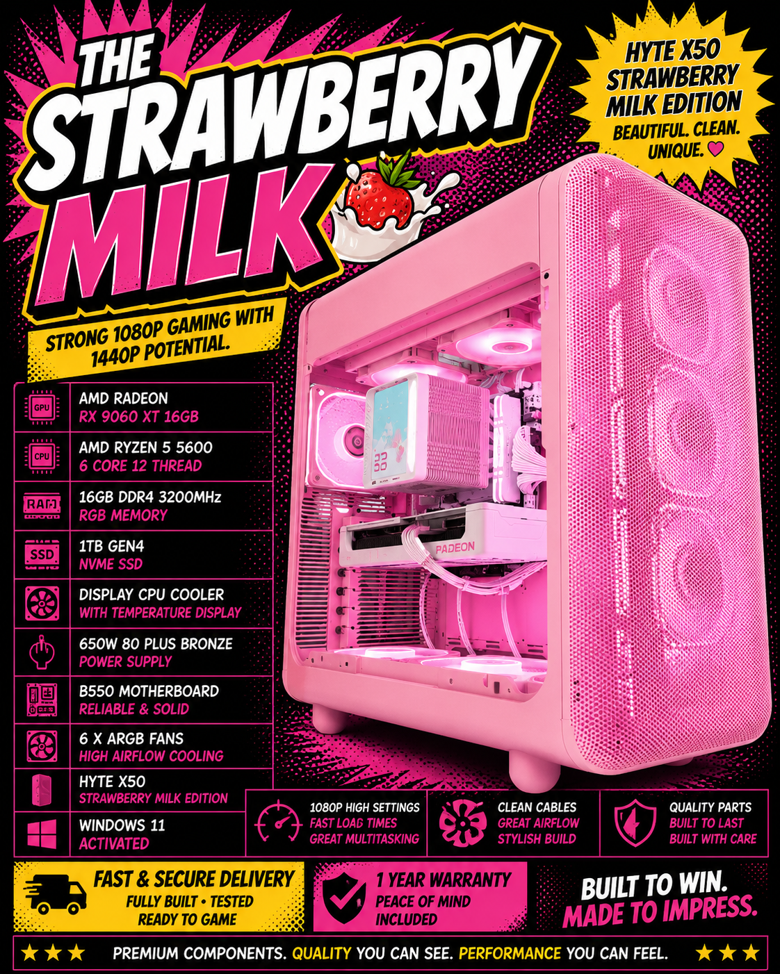 The Strawberry Milk 🍓🥛 | Ryzen 5 5600 | RX 9060 XT 16GB | 16GB RGB | 1TB NVMe | HYTE X50 Strawberry Milk | Display Cooler | 1440p Gaming PC | Fortnite & GTA | DDR4