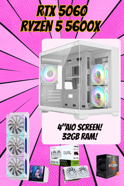 The Tom – RTX 5060 White Gaming PC | Ryzen 5 5600X | 32GB RAM | 1TB NVMe | LCD AIO | Windows 11