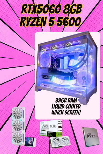 The Tom – RTX 5060 White Gaming PC | Ryzen 5 5600 | 32GB RAM | 1TB NVMe | LCD AIO | Windows 11 | Fortnite & GTA | White Build | DDR4 | Streaming Ready