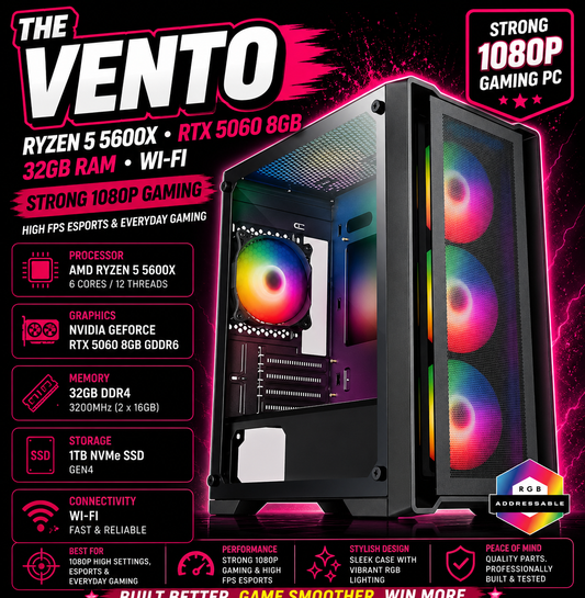 The Vento – Ryzen 5 5600X • RTX 5060 8GB • 32GB RAM • Wi-Fi | Fortnite & GTA | DDR4 | Streaming Ready